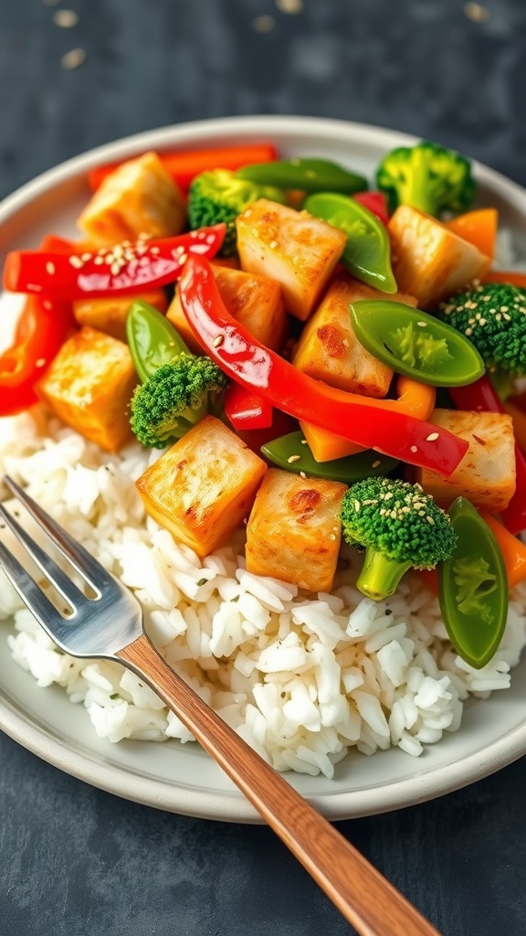 Mahi Mahi stir-fry with vegetables served on a plate over rice, showcasing colorful bell peppers, broccoli, and snap peas.